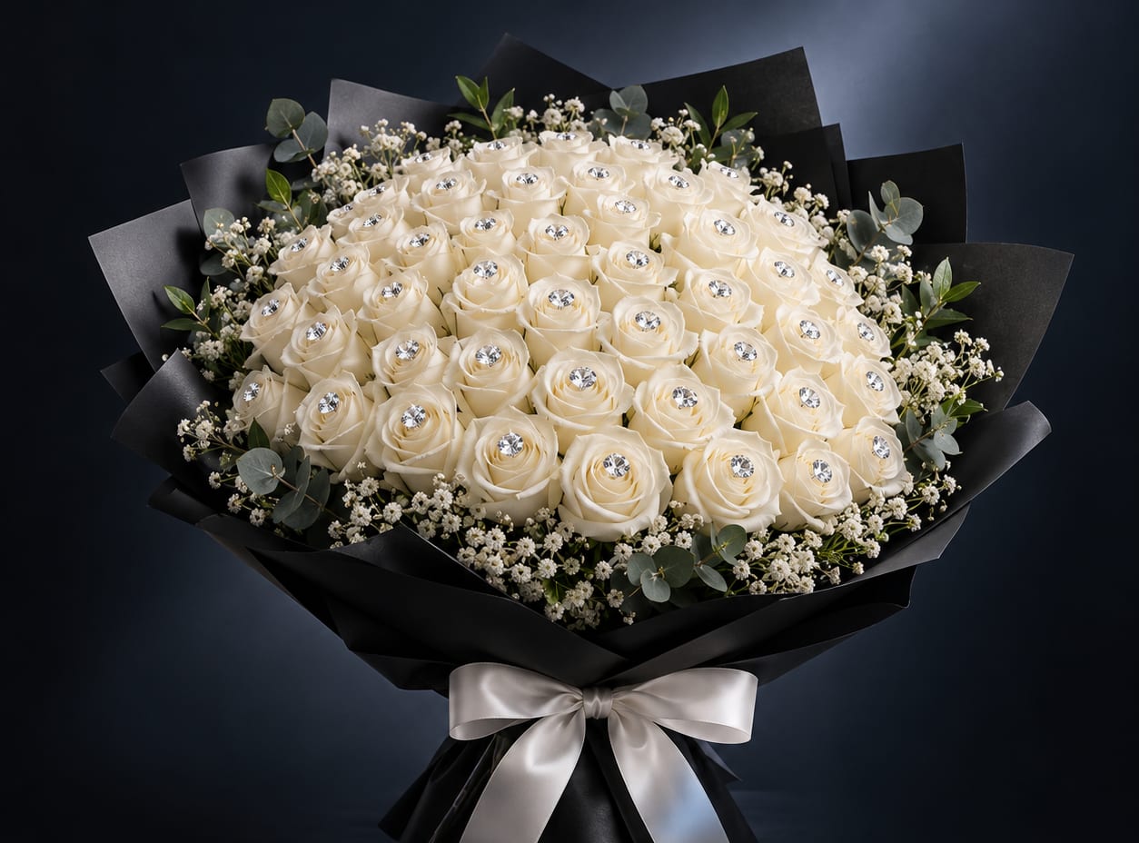 50 Rosas con Diamantes: rosas blancas, cada una con un diamante decorativo, con flor de nube y eucalipto en envoltura negra y un moño de satín blanco, de Maps Flowers